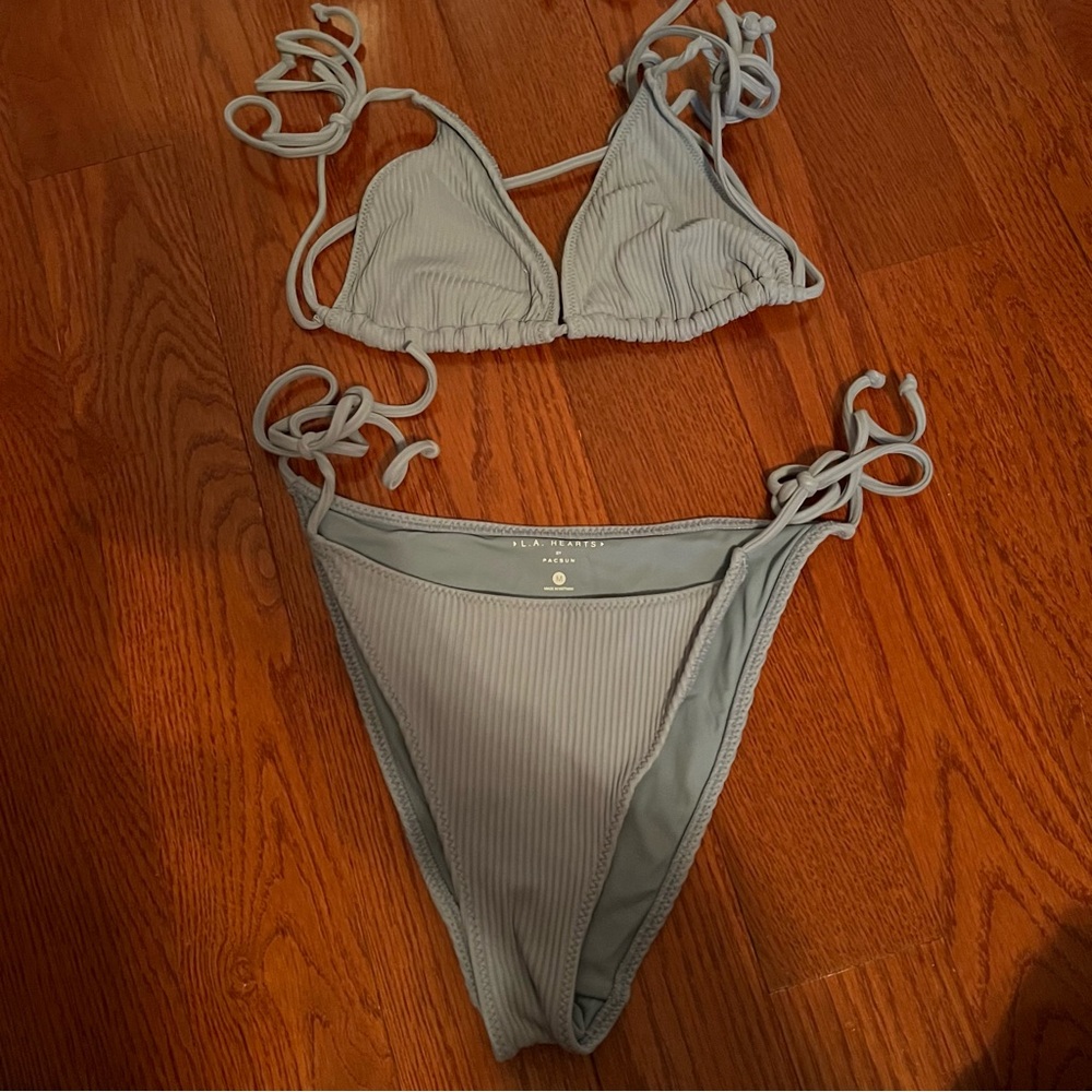 PacSun LA Hearts Ribbed Blue Playa Tied Up Triangle Bikini Top and Bottom